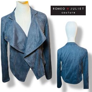 Romeo + Juliet Couture Navy Faux Suede Drape Front Moto Jacket Medium NWT